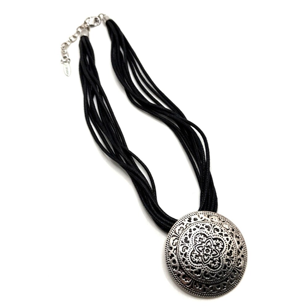 Vintage St. Thomas Pendant Necklace Ornate Amulet Multi Strand Black Cord 20”